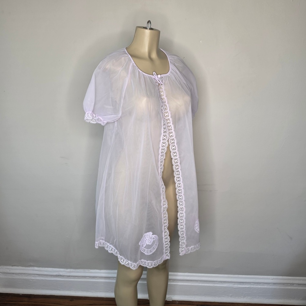 Lorraine Robe Women Small Purple Sheer Nylon Vintage Lace Trim Short Puff Sleeve